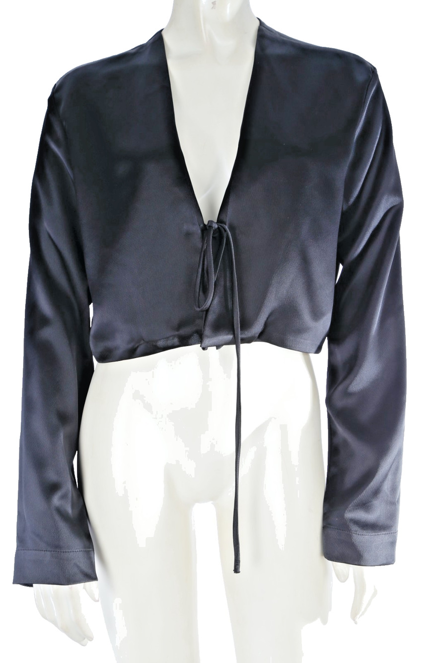 Leset Black Satin Front Tie Cropped Long Sleeve Blouse Top Cardigan Size M